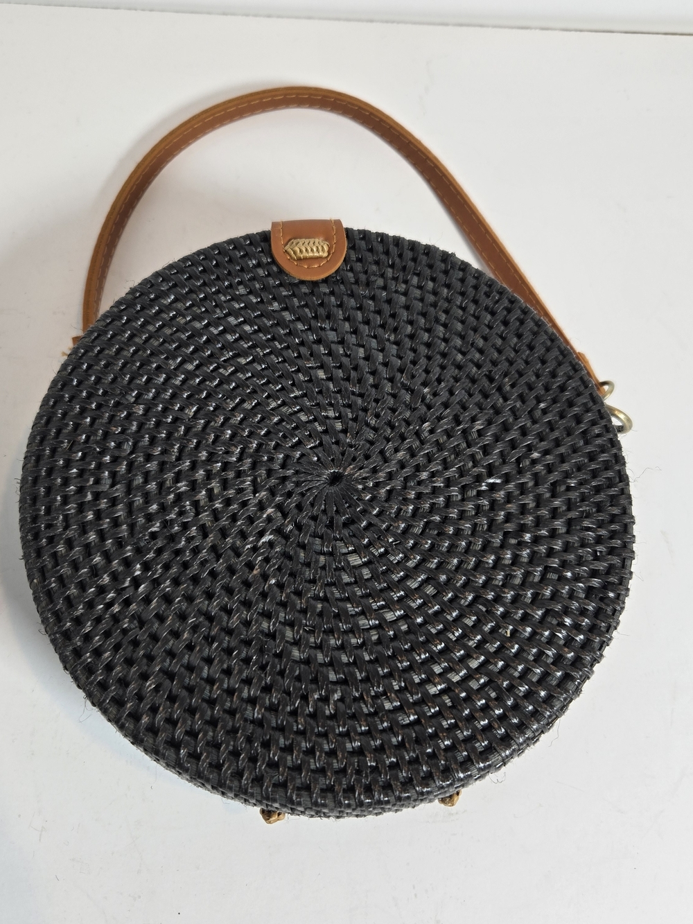 Anthropologie Black Woven Round Crossbody with Tan Strap